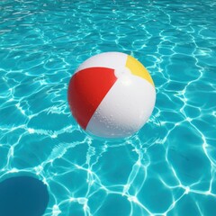 Swimming pool, crystal clear turquoise water, sunlit ripples, colorful beach ball floating, vibrant rainbow colors, summer fun, refreshing aqua tones, sunlight reflections, pool tile pattern, vacation