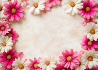 Beautiful pink and white flowers framed against a pastel background with copy space, top view. Flat lay style. Stock photo; high-resolution photography; professional color grading, soft shadows