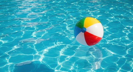 Swimming pool, crystal clear turquoise water, sunlit ripples, colorful beach ball floating, vibrant rainbow colors, summer fun, refreshing aqua tones, sunlight reflections, pool tile pattern, vacation