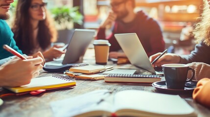 A group of friends meeting at a coffee shop, discussing their personal goals and aspirations over coffee, with laptops and notebooks open in front of them.