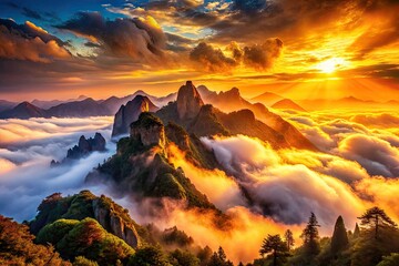 Naklejka premium Misty mountain peaks, an AI-generated masterpiece of landscape photography.