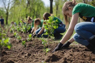 Young volunteers planting trees in a park to promote environmental awareness and ecological care