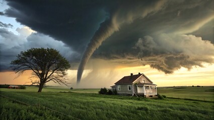 Powerful Tornado Approaching a Farmhouse Amid Lush Fields and Stormy Skies V2