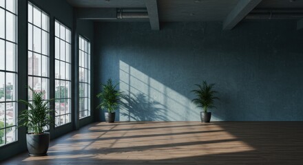 Obraz premium Industrial loft space, large windows, sunlight streaming in, dramatic shadows, empty room, potted plants, concrete floor, exposed pipes, minimalist interior, moody atmosphere, high ceiling, urban aest