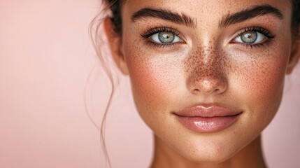 Closeup Portrait of a Woman with Freckles and Blue Eyes