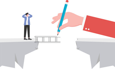 Fototapeta premium Big hand drawing a bridge for help businessman to cross abyss,