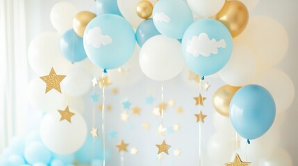 Sky-Themed First Birthday Backdrop with Clouds, Balloons, and Stars