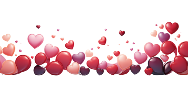 Romantic Red Pink Hearts Floating on Black Background Valentine's Day, studio view, isolated on transparent background.