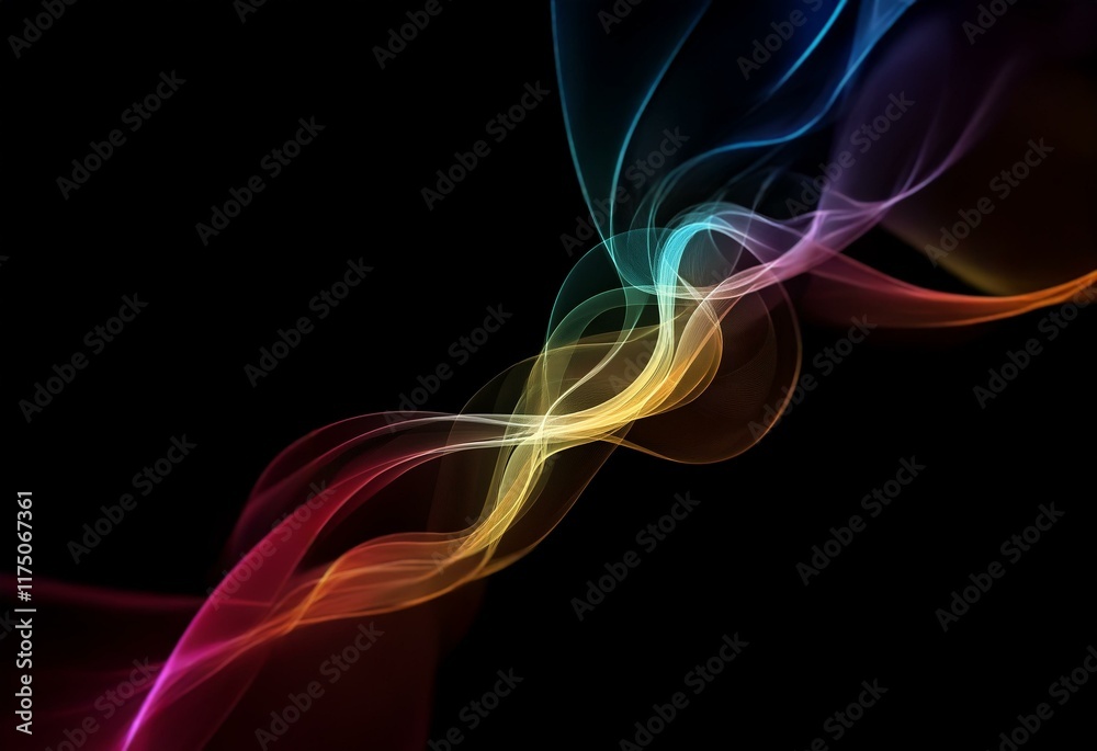 Poster abstract background with colorful, wavy lines set against a black background.
