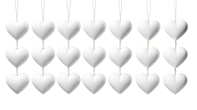 White Heart Ornaments Hanging on Strings, Romantic Decor, studio view, isolated on transparent background.