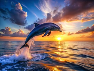 Fototapeta premium Playful Dolphin Leaping Ocean Wave Sunrise, Rule of Thirds Composition