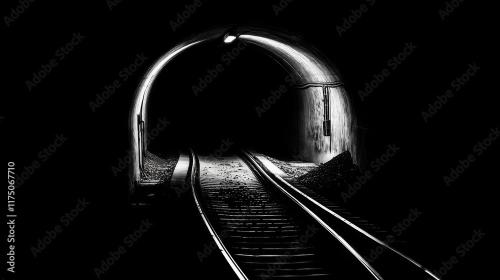 Leinwandbilder a subway tunnel with illuminated track rails running through a dark, curved passage, with soft light
