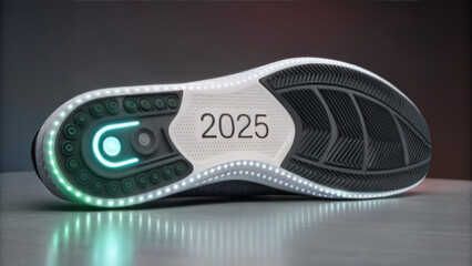 Futuristic sneaker sole with neon lighting and the year 2025, indoors, innovative design concept for sportswear branding, fitness promotions, new product launches, sustainability focus.