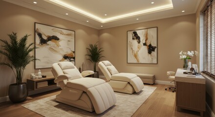 Fototapeta premium luxurious spa room, massage table, cream colored walls, recessed lighting, large windows, potted plants, hardwood floors, zen atmosphere, golden artwork, minimalist design, tranquil setting, high-end 