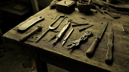 Old tools rest on a weathered wooden workbench