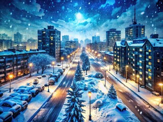 Fototapeta premium Night photography backdrop: A snowy urban landscape in navy camouflage, military-inspired brushstrokes evoke winter's chill.