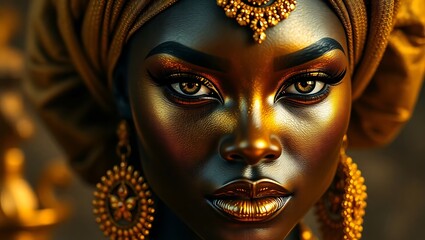 Golden Goddess: A regal portrait of a woman adorned in opulent gold