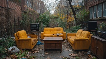 Abandoned yellow sofas alleyway urban decay autumn