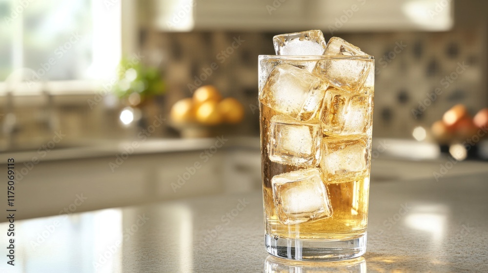 Poster a tall glass of beer with large ice cubes inside, set on a smooth countertop with natural light refl