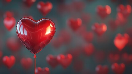 Obraz premium A single large red heart-shaped balloon in focus, with many smaller blurred red heart balloons in the background.