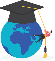 businessman hand holding the world with a graduation cap. Global education international concept.
