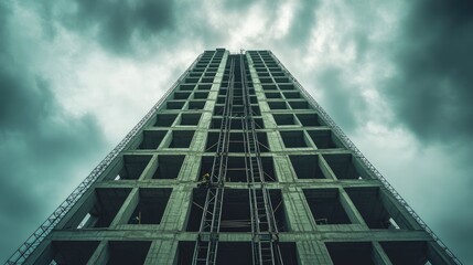 Fototapeta premium Concrete Skyscraper Under Construction Reaching for Cloudy Sky