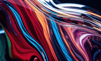 Colorful abstract glass with vibrant swirls and reflections, showcasing blend of red, blue, and...