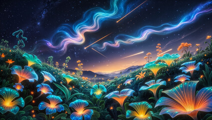 Obraz premium Lush vibrant garden filled with bioluminescent glowing plants, creating a surreal and magical atmosphere at night