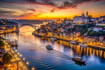 Obraz premium Porto Portugal Sunset Cityscape Douro River Rabelo Boats Dom Luís Bridge Night Photography
