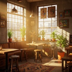 Fototapeta premium Cozy sunlit room, rustic interior, wooden furniture, large windows, warm golden light, houseplants, exposed brick walls, vintage decor, atmospheric dust particles, tranquil morning scene, detailed tex