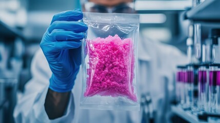 Gloved hand holds a bag of pink crystals in a lab. Illustrates scientific research, chemical analysis, or pharmaceutical development.