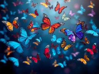 Abstract blue background with a swarm of 3D butterflies flying around, creating a mesmerizing and ethereal atmosphere, butterflies, insects, blue