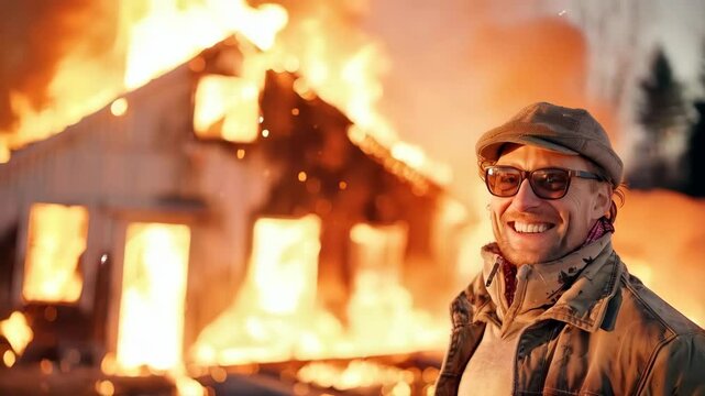 Smiling man amidst raging house fire in outdoor winter setting