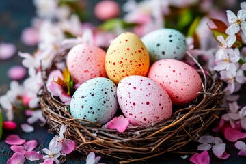 Vibrant easter eggs nestled amidst cherry blossoms and petals in a springtime scene