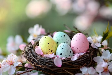 Vibrant easter eggs nestled among cherry blossoms and petals in a picturesque spring scene