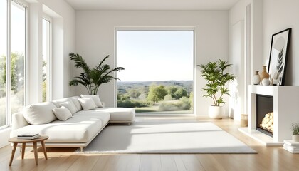 A low angle living room with a white sofa, wooden flooring, minimalist decor, and a large window offering a view of a serene landscape, generated with ai