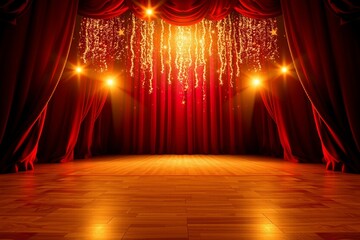 Elegant Theater Stage with Red Curtains and Sparkling Lights.generative AI
