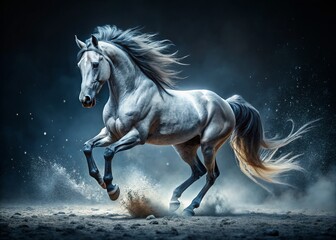 Fototapeta premium Powerful Grey Horse Leaps Forward in Low Light, Dynamic Equestrian Action Shot