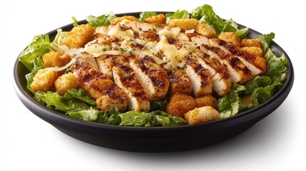 Fototapeta premium A crispy Caesar salad topped with grilled chicken, croutons, shaved Parmesan, and creamy dressing.