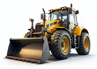 Fototapeta premium Powerful Yellow & Black Tractor with Bulldozer Blade - Isolated on White Background - Low Light Stock Photo