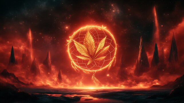 Fiery Cosmic Landscape Featuring Golden Cannabis Dreamcatcher