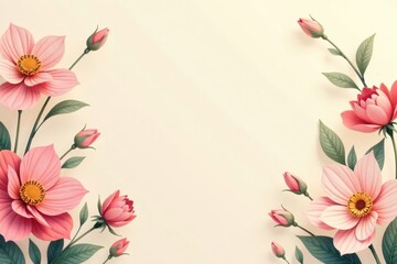 Fototapeta premium Elegant Pastel Pink Floral Border Design Featuring Delicate Blooms and Buds on a Soft Cream Background