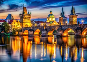 Fototapeta premium Prague Charles Bridge Night Photography - Flat Style Colorful Cityscape