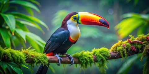 Fototapeta premium Rainforest photography captures a toucan's vivid colors, a breathtaking wildlife image of this exotic jungle bird.