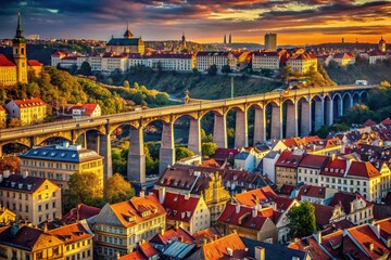 Obraz premium Prague Nusle Bridge Urban Exploration: Prestressed Concrete Viaduct Over City Houses