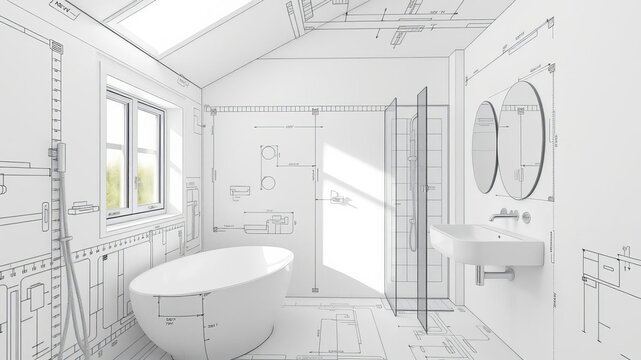 Blueprint sketch of a modern bathroom renovation project with measurements and details, details, interior design, construction