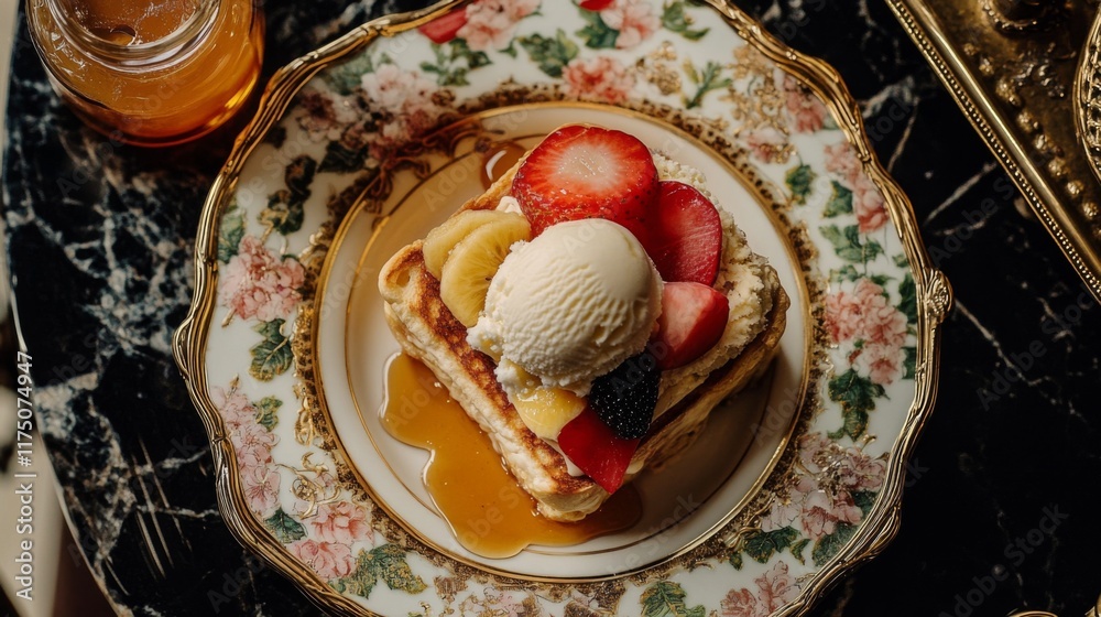 Poster a top-down view of a decadent honey toast adorned with fresh fruit slices and a scoop of ice cream, 