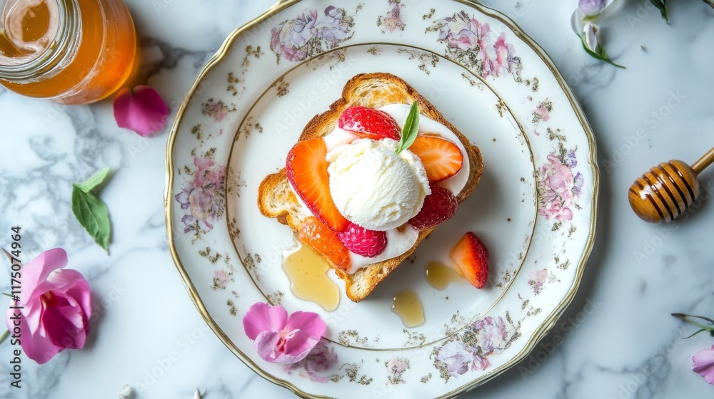 Poster a top-down view of a decadent honey toast adorned with fresh fruit slices and a scoop of ice cream, 