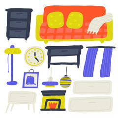 Living room interior objects set. Cute hand drawn doodle house furniture inside items, table, clock, lamp, bedside table, sofa, fireplace, curtains, shelf, wall picture. Modern flat apartment elements