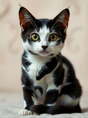 Obraz premium A striking cat with bold, artistic black and white fur patterns. The cat’s fur design resembles abstract shapes, giving it a unique and eye-catching appearance. The cat’s large, round eyes...